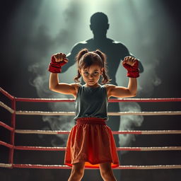 An inspiring depiction of a girl standing fiercely in a boxing ring, embodying strength and determination