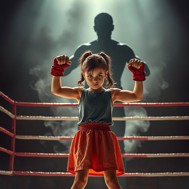 An inspiring depiction of a girl standing fiercely in a boxing ring, embodying strength and determination