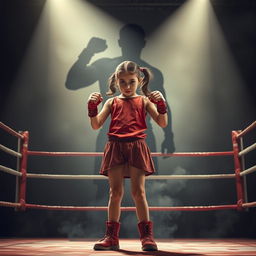 An inspiring depiction of a girl standing fiercely in a boxing ring, embodying strength and determination