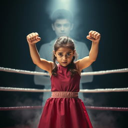 An evocative scene featuring a determined girl standing in a boxing ring, embodying courage and empowerment