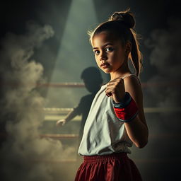 An evocative scene featuring a determined girl standing in a boxing ring, embodying courage and empowerment