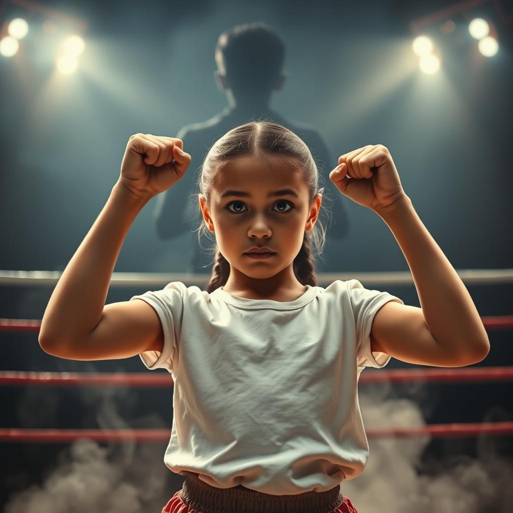 An evocative scene featuring a determined girl standing in a boxing ring, embodying courage and empowerment