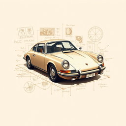 A stunning poster showcasing a classic Porsche 911 car in a style reminiscent of Leonardo da Vinci's art