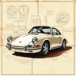 A stunning poster showcasing a classic Porsche 911 car in a style reminiscent of Leonardo da Vinci's art