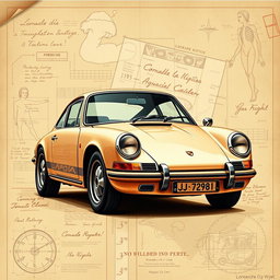 A stunning poster showcasing a classic Porsche 911 car in a style reminiscent of Leonardo da Vinci's art