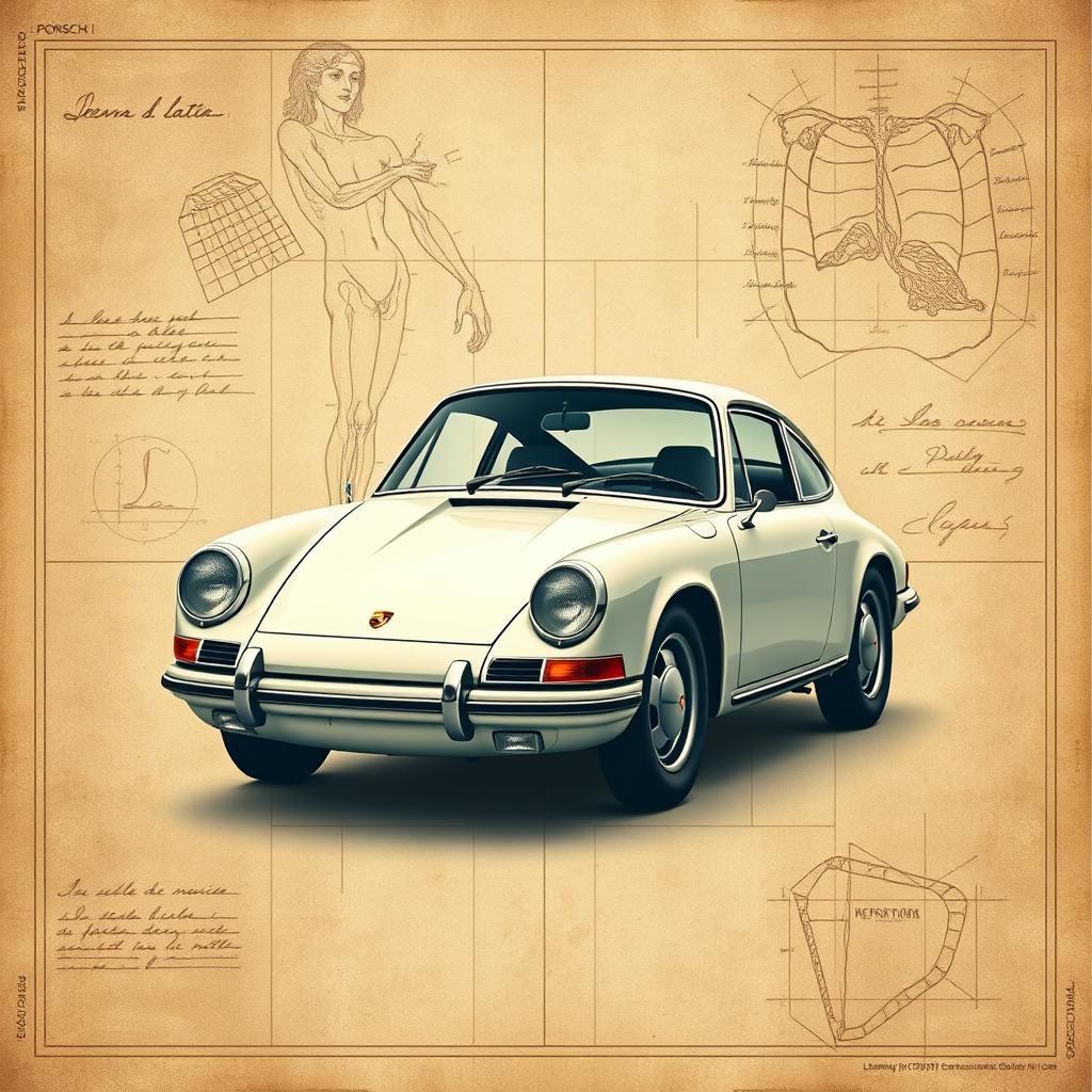 A stunning poster showcasing a classic Porsche 911 car in a style reminiscent of Leonardo da Vinci's art