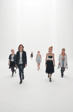 A surreal scene set in an endless white void, featuring several individuals walking awkwardly in different directions