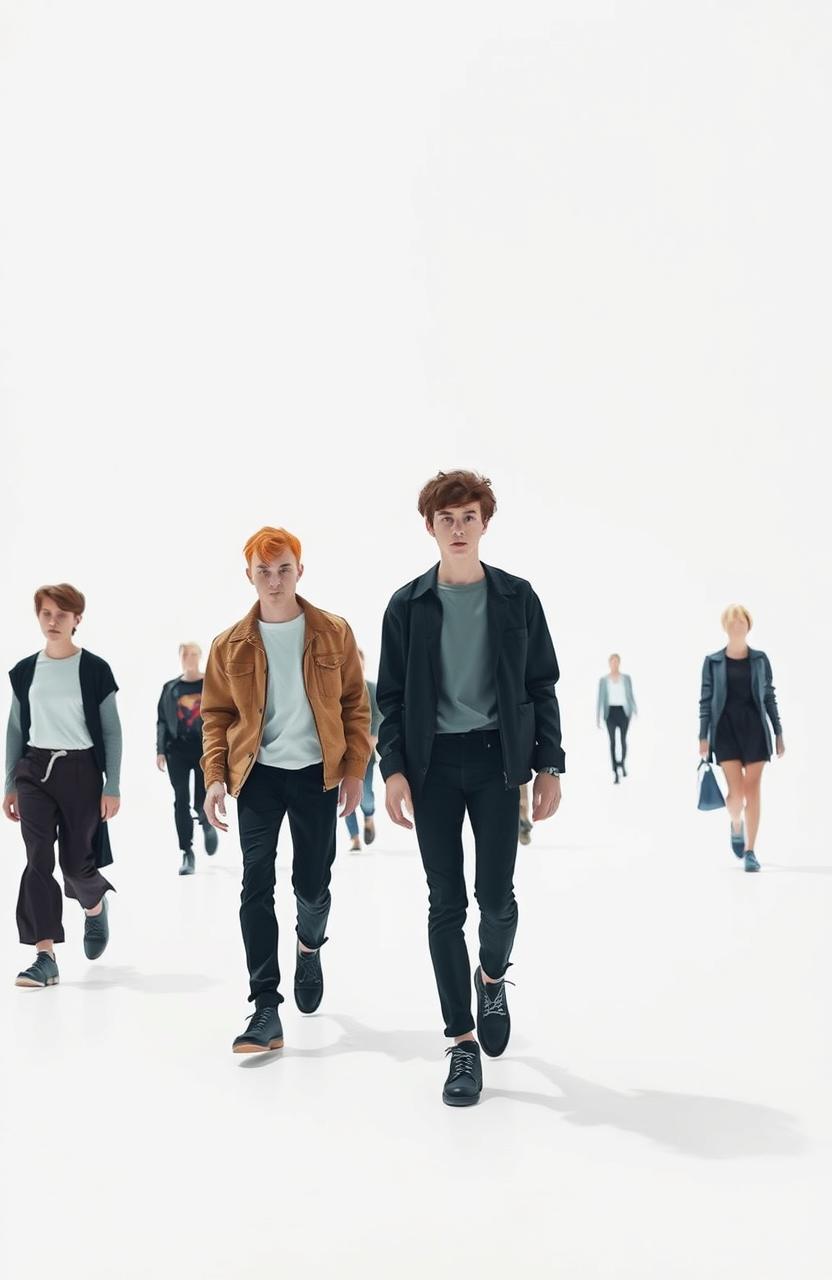 A surreal scene set in an endless white void, featuring several individuals walking awkwardly in different directions