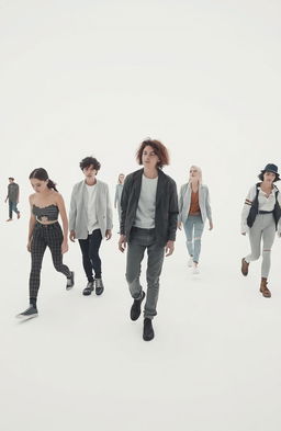 A surreal scene set in an endless white void, featuring several individuals walking awkwardly in different directions