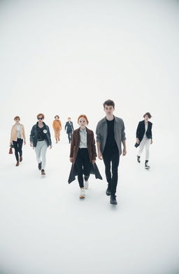 A surreal scene set in an endless white void, featuring several individuals walking awkwardly in different directions