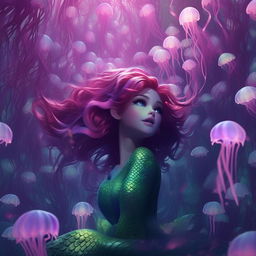 A beautiful mermaid with emerald and violet scales, swimming through a swarm of electric pink jellyfish in a 2.5D animation style.