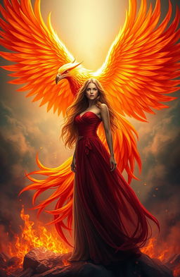 A stunning depiction of a woman standing confidently, with a majestic phoenix rising behind her, its vibrant feathers shining in shades of red, orange, and gold