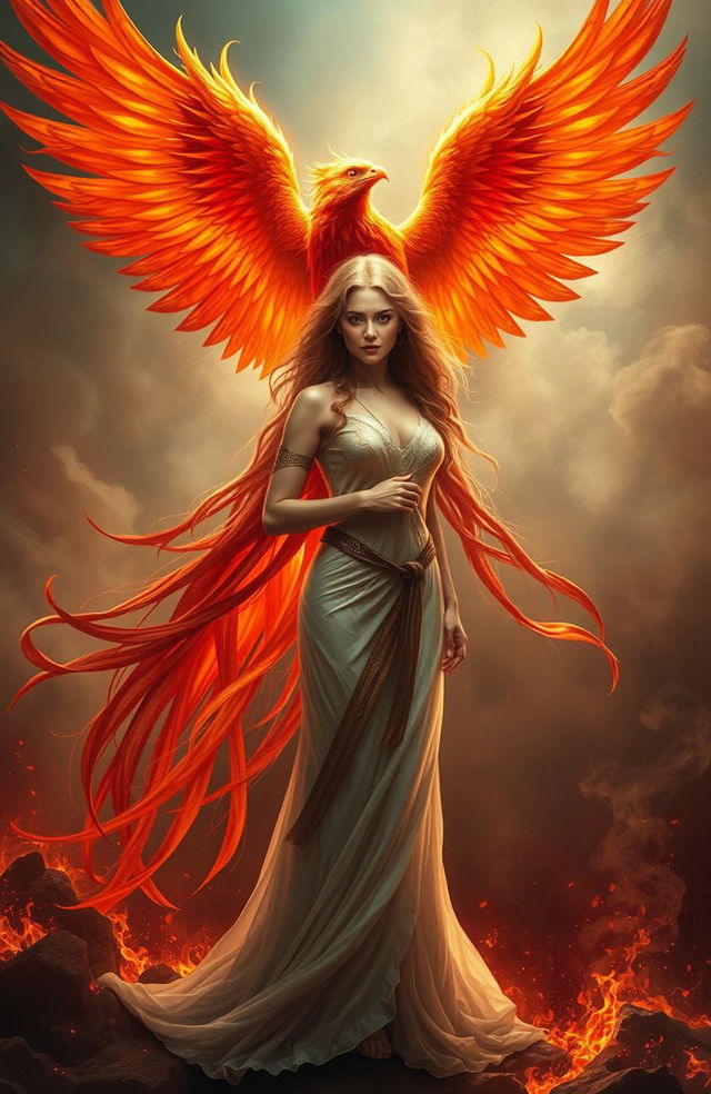 A stunning depiction of a woman standing confidently, with a majestic phoenix rising behind her, its vibrant feathers shining in shades of red, orange, and gold