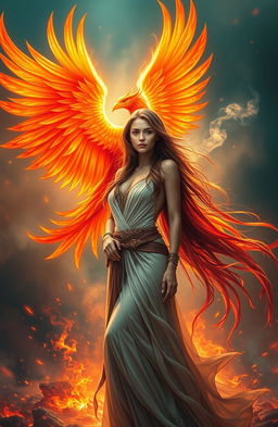 A stunning depiction of a woman standing confidently, with a majestic phoenix rising behind her, its vibrant feathers shining in shades of red, orange, and gold