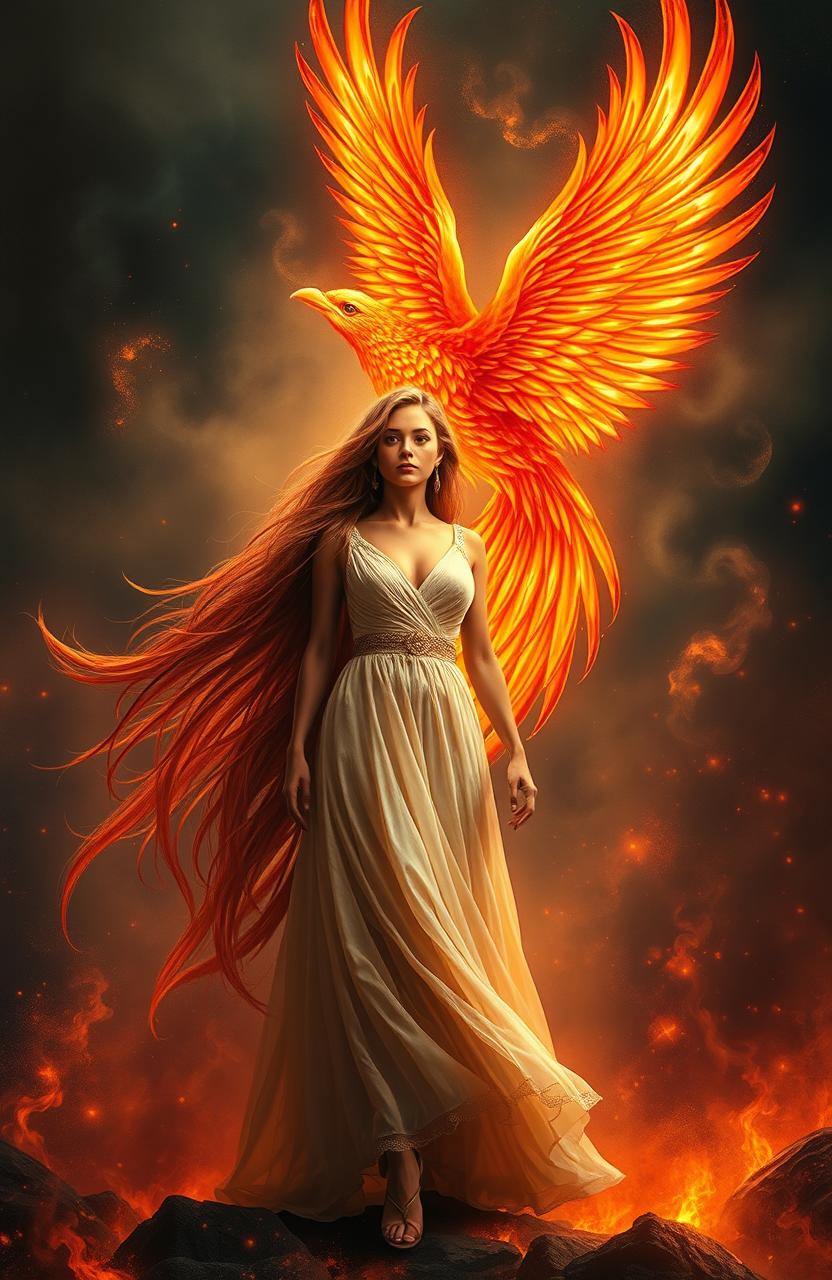 A stunning depiction of a woman standing confidently, with a majestic phoenix rising behind her, its vibrant feathers shining in shades of red, orange, and gold