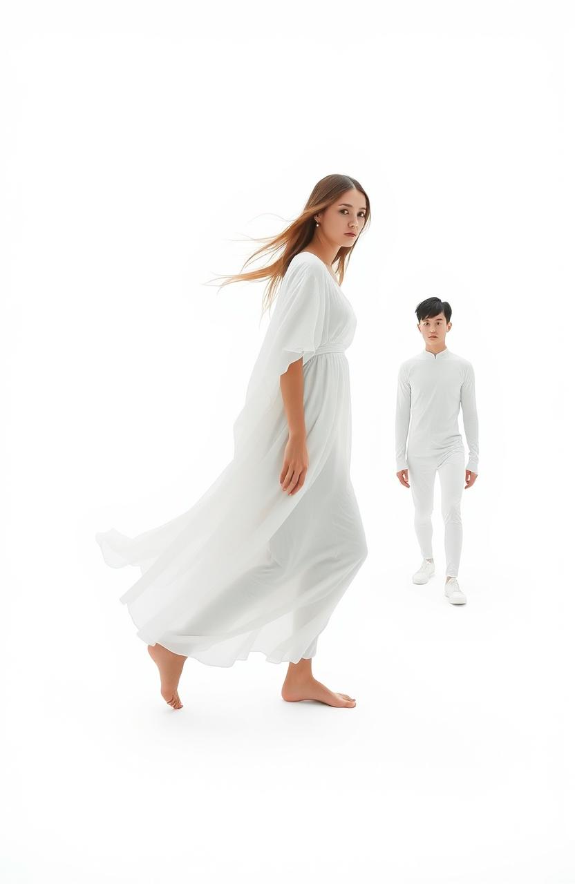 A surreal scene in a completely white void, featuring only two individuals