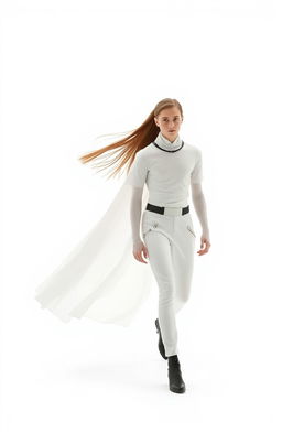 A surreal scene in a completely white void, featuring only two individuals