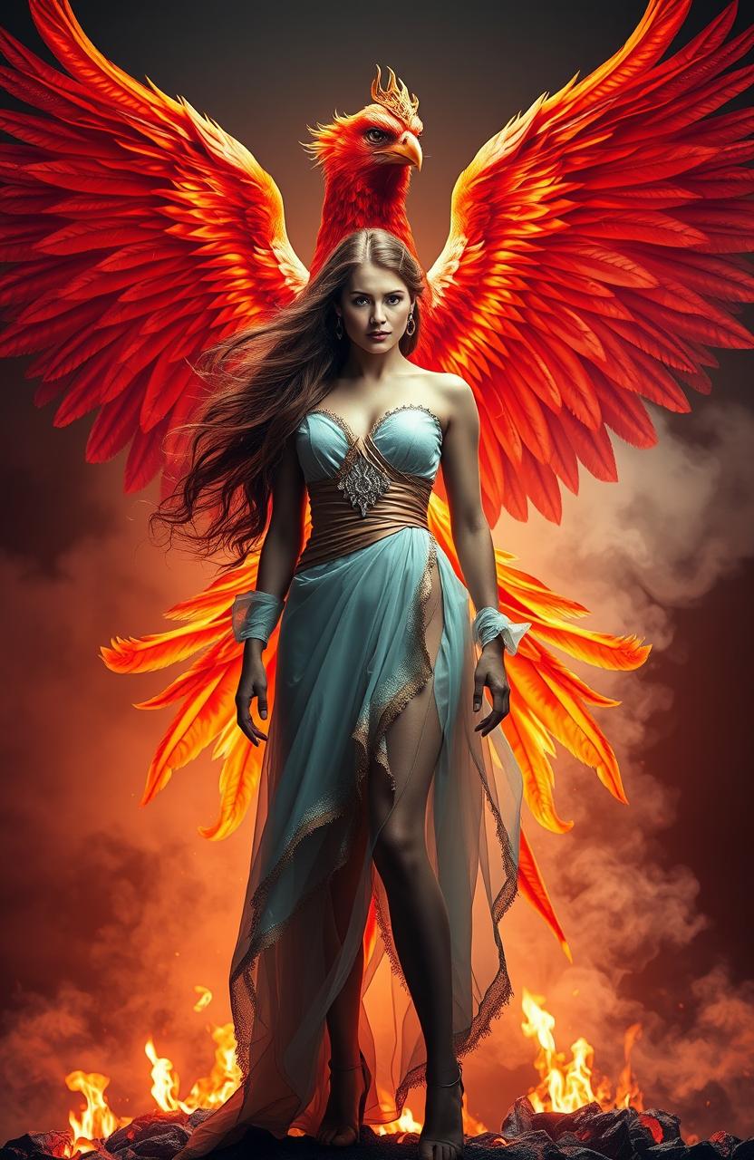 A captivating scene featuring a majestic phoenix rising from ashes behind a stunning woman