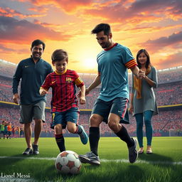 A dynamic and inspiring scene showcasing Lionel Messi and his family, embodying their unyielding will and unconditional love for football