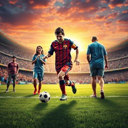 A dynamic and inspiring scene showcasing Lionel Messi and his family, embodying their unyielding will and unconditional love for football