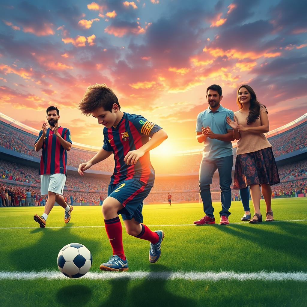 A dynamic and inspiring scene showcasing Lionel Messi and his family, embodying their unyielding will and unconditional love for football
