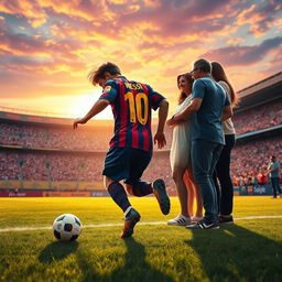 A dynamic and inspiring scene showcasing Lionel Messi and his family, embodying their unyielding will and unconditional love for football