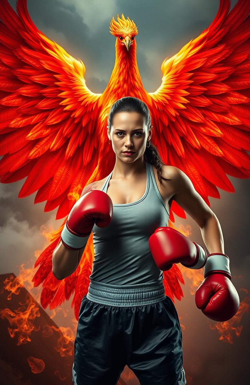 A powerful image of a woman in a boxing uniform, exuding strength and determination