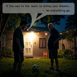 A poignant scene capturing a night in the backyard of Lionel Messi's childhood home, where he is playing with a soccer ball under the soft glow of a streetlight