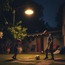 A poignant scene capturing a night in the backyard of Lionel Messi's childhood home, where he is playing with a soccer ball under the soft glow of a streetlight
