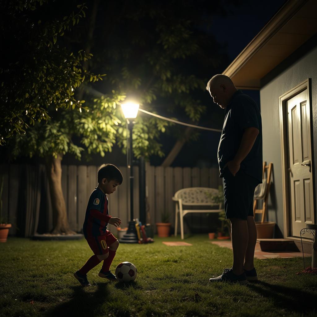 A poignant scene capturing a night in the backyard of Lionel Messi's childhood home, where he is playing with a soccer ball under the soft glow of a streetlight