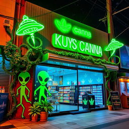 A simple cannabis store named 'Kuys Canna' located in the Philippines, featuring an alien theme