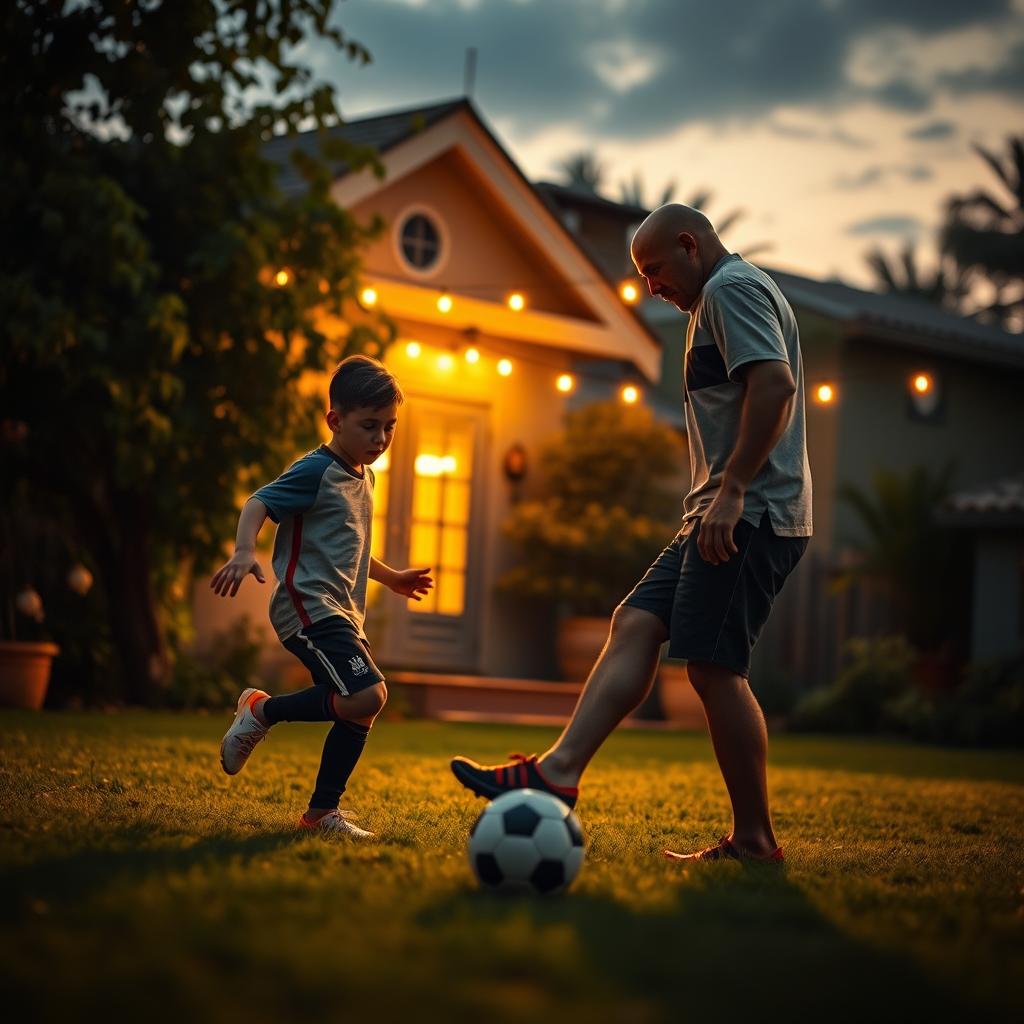 A captivating scene set during a serene evening when young Lionel Messi is playing soccer in the backyard of his family home