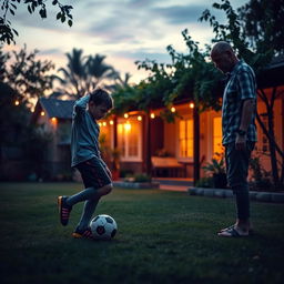 A captivating scene set during a serene evening when young Lionel Messi is playing soccer in the backyard of his family home