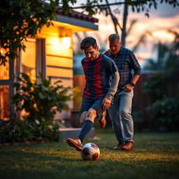 A captivating scene set during a serene evening when young Lionel Messi is playing soccer in the backyard of his family home