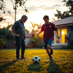 A captivating scene set during a serene evening when young Lionel Messi is playing soccer in the backyard of his family home