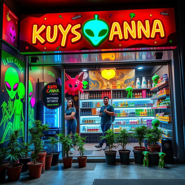 A vibrant and inviting cannabis store named 'Kuys Canna' set in the Philippines, featuring an alien theme