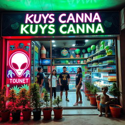 A vibrant and inviting cannabis store named 'Kuys Canna' set in the Philippines, featuring an alien theme
