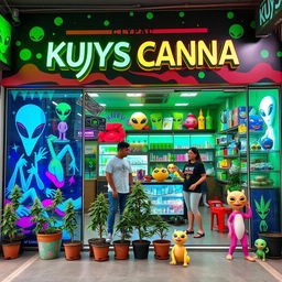 A vibrant and inviting cannabis store named 'Kuys Canna' set in the Philippines, featuring an alien theme