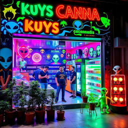 A vibrant and inviting cannabis store named 'Kuys Canna' set in the Philippines, featuring an alien theme
