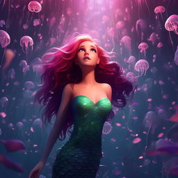 A beautiful mermaid with emerald and violet scales, swimming through a swarm of electric pink jellyfish in a 2.5D animation style.