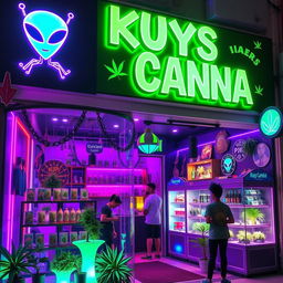 A vibrant cannabis store named 'Kuys Canna' with an alien theme, located in the Philippines