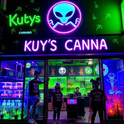 A vibrant cannabis store named 'Kuys Canna' with an alien theme, located in the Philippines