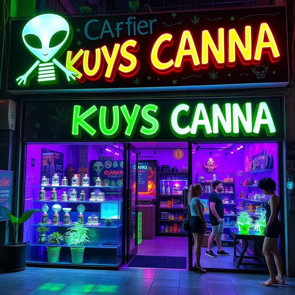 A vibrant cannabis store named 'Kuys Canna' with an alien theme, located in the Philippines