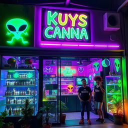 A vibrant cannabis store named 'Kuys Canna' with an alien theme, located in the Philippines