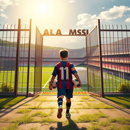 An inspiring scene depicting young Lionel Messi as he joins the renowned La Masia Academy in Barcelona