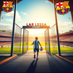 An inspiring scene depicting young Lionel Messi as he joins the renowned La Masia Academy in Barcelona