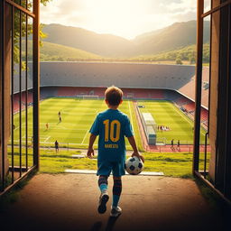 An inspiring scene depicting young Lionel Messi as he joins the renowned La Masia Academy in Barcelona