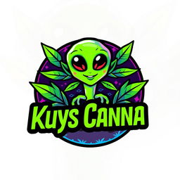 A modern logo design for a cannabis store named "Kuys Canna" with an alien theme, featuring playful and vibrant extraterrestrial elements