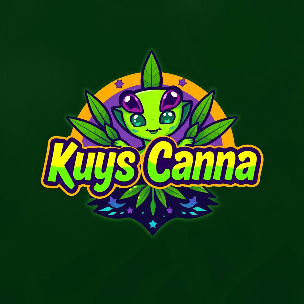 A modern logo design for a cannabis store named "Kuys Canna" with an alien theme, featuring playful and vibrant extraterrestrial elements