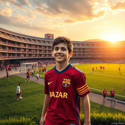 A vibrant scene depicting young Lionel Messi as he steps into the La Masia Academy in Barcelona, filled with excitement and determination